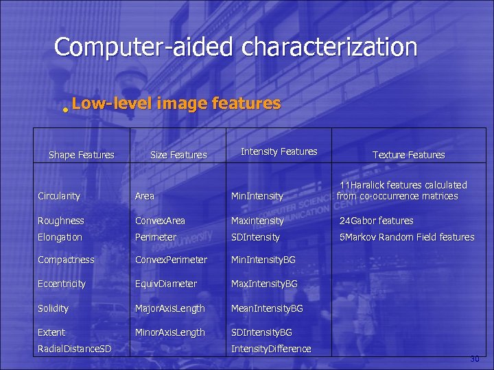 Computer-aided characterization • Low-level Shape Features image features Size Features Intensity Features Texture Features