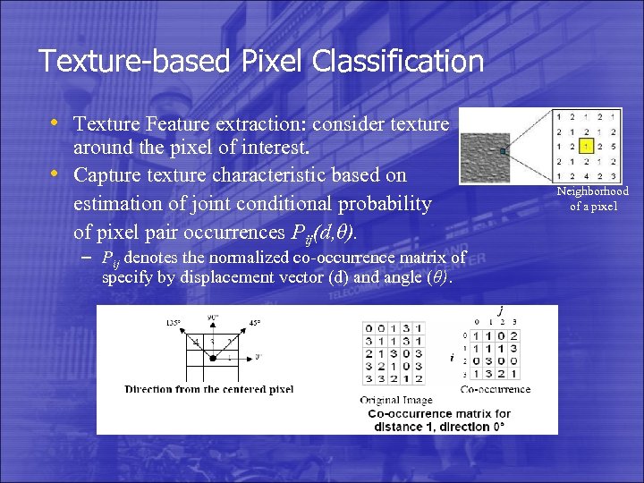 Texture-based Pixel Classification • Texture Feature extraction: consider texture • around the pixel of