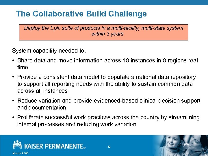 The Collaborative Build Challenge Deploy the Epic suite of products in a multi-facility, multi-state