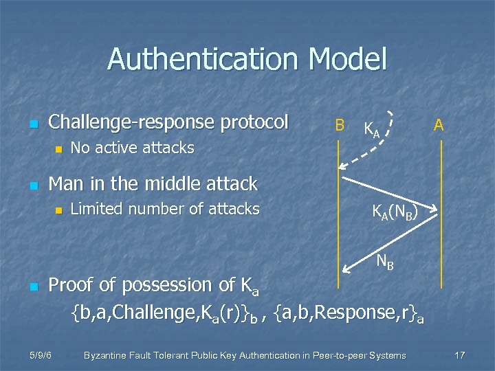 Authentication Model n Challenge-response protocol n n No active attacks B KA A Man