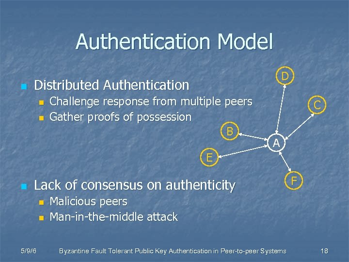 Authentication Model n D Distributed Authentication n n Challenge response from multiple peers Gather