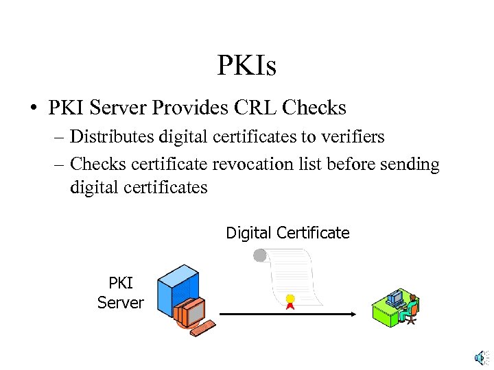 PKIs • PKI Server Provides CRL Checks – Distributes digital certificates to verifiers –