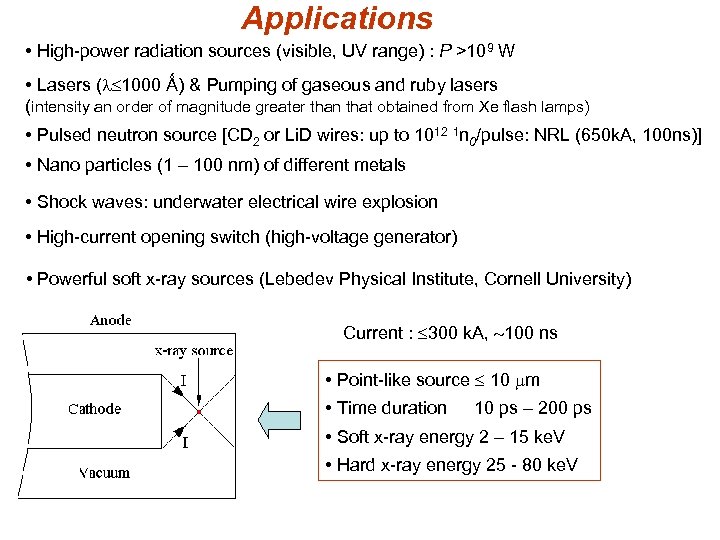 Applications • High-power radiation sources (visible, UV range) : P >109 W • Lasers