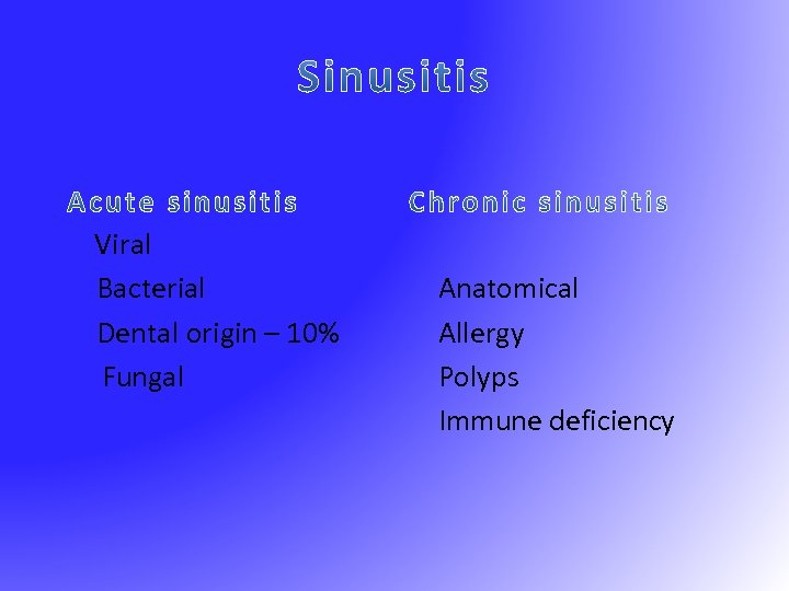 Viral Bacterial Dental origin – 10% Fungal Anatomical Allergy Polyps Immune deficiency 