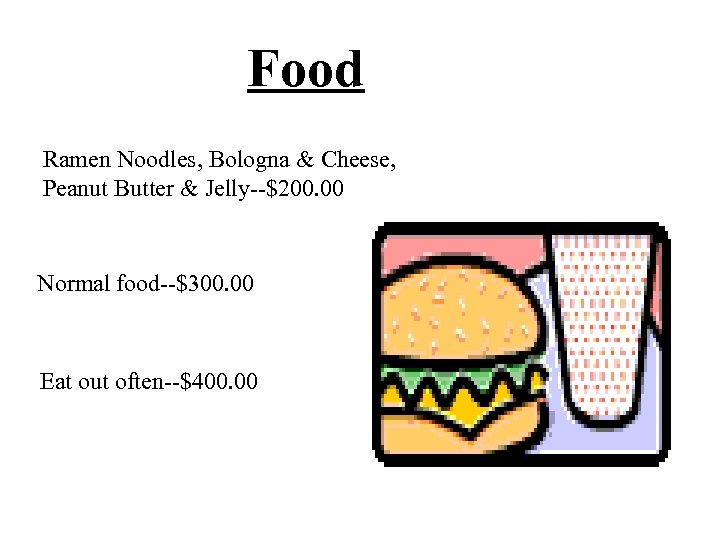 Food Ramen Noodles, Bologna & Cheese, Peanut Butter & Jelly--$200. 00 Normal food--$300. 00