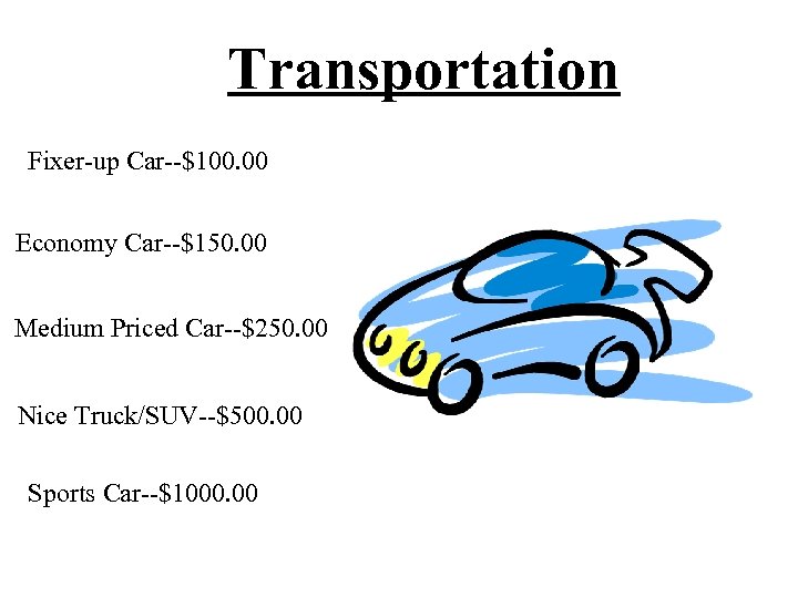 Transportation Fixer-up Car--$100. 00 Economy Car--$150. 00 Medium Priced Car--$250. 00 Nice Truck/SUV--$500. 00