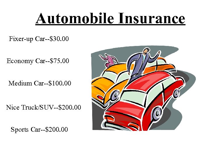 Automobile Insurance Fixer-up Car--$30. 00 Economy Car--$75. 00 Medium Car--$100. 00 Nice Truck/SUV--$200. 00