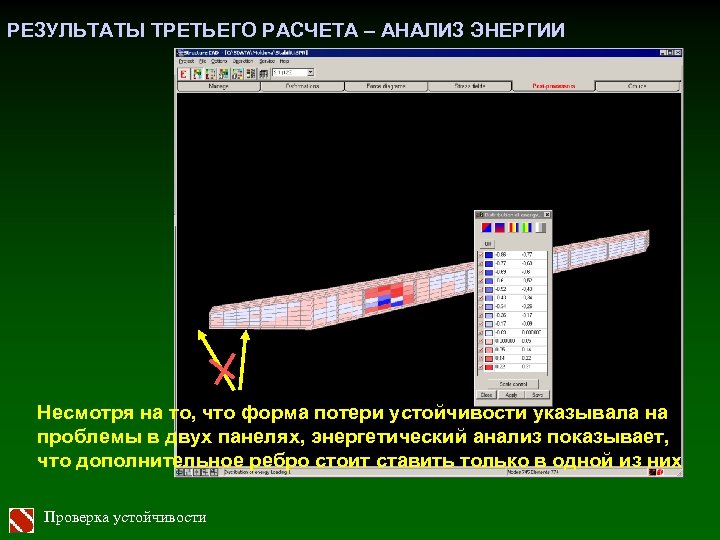 РЕЗУЛЬТАТЫ ТРЕТЬЕГО РАСЧЕТА – АНАЛИЗ ЭНЕРГИИ Несмотря на то, что форма потери устойчивости указывала