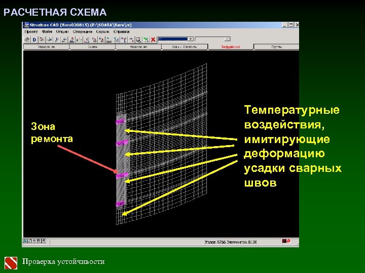 РАСЧЕТНАЯ СХЕМА Зона ремонта Проверка устойчивости Температурные воздействия, имитирующие деформацию усадки сварных швов 