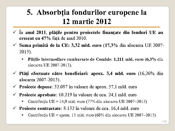 5. Absorbţia fondurilor europene la 12 martie 2012 ü În anul 2011, plăţile pentru