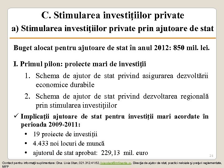C. Stimularea investiţiilor private a) Stimularea investiţiilor private prin ajutoare de stat Buget alocat