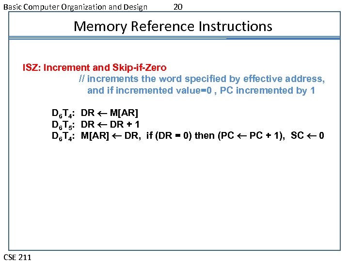 Basic Computer Organization and Design 20 Memory Reference Instructions ISZ: Increment and Skip-if-Zero //