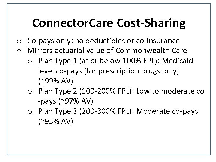 Connector. Care Cost-Sharing o Co-pays only; no deductibles or co-insurance o Mirrors actuarial value