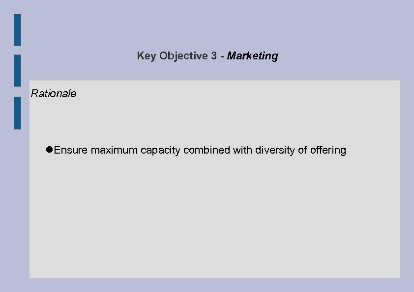 Key Objective 3 - Marketing Rationale Ensure maximum capacity combined with diversity of offering