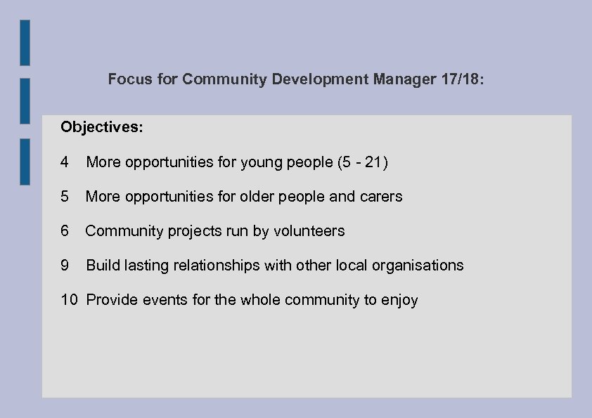 Focus for Community Development Manager 17/18: Objectives: 4 More opportunities for young people (5