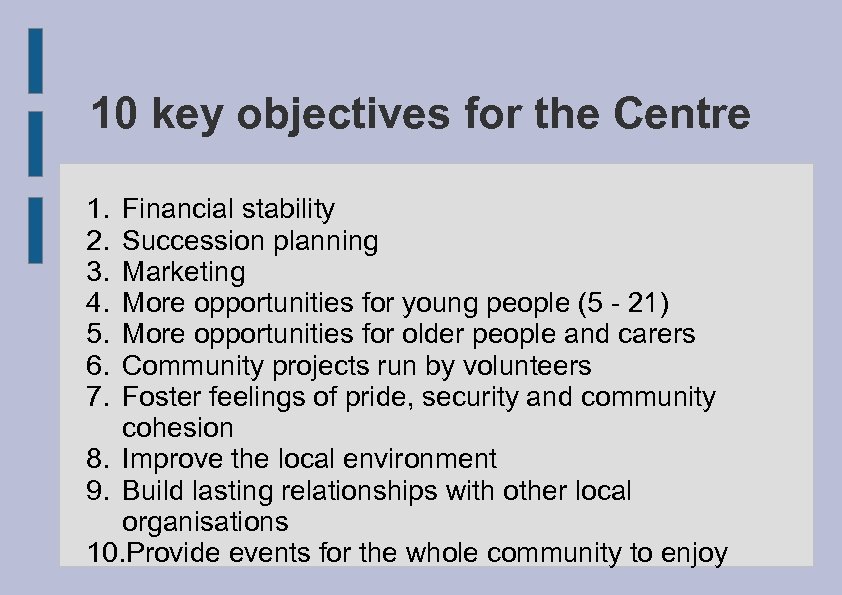 10 key objectives for the Centre 1. 2. 3. 4. 5. 6. 7. Financial