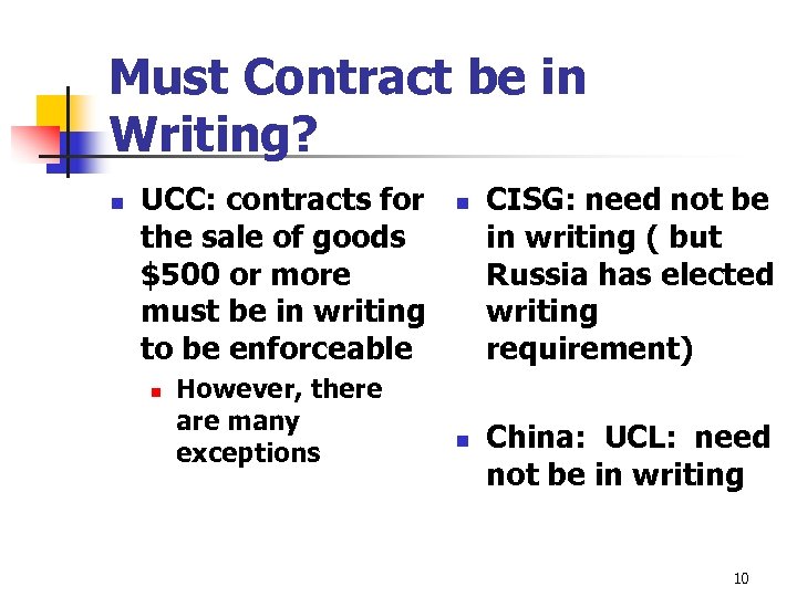 Must Contract be in Writing? n UCC: contracts for the sale of goods $500