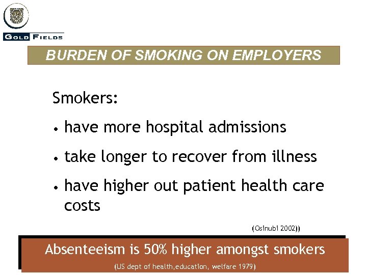 BURDEN OF SMOKING ON EMPLOYERS Smokers: • have more hospital admissions • take longer