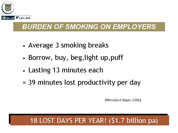 BURDEN OF SMOKING ON EMPLOYERS • Average 3 smoking breaks • Borrow, buy, beg,