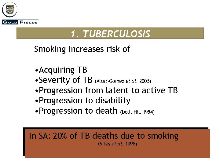 1. TUBERCULOSIS Smoking increases risk of • Acquiring TB • Severity of TB (Altet-Gomez