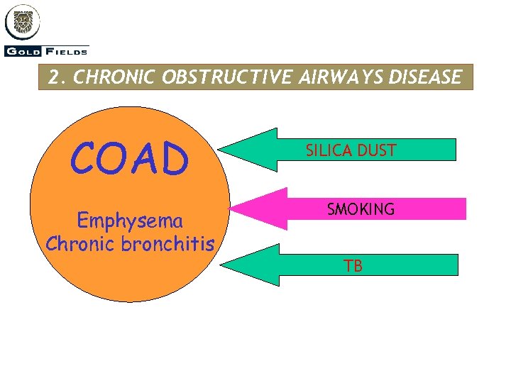 2. CHRONIC OBSTRUCTIVE AIRWAYS DISEASE COAD Emphysema Chronic bronchitis SILICA DUST SMOKING TB 