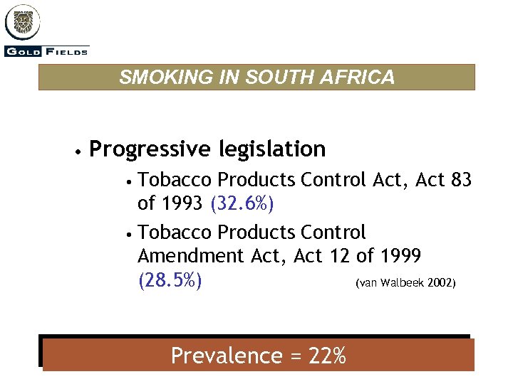 SMOKING IN SOUTH AFRICA • Progressive legislation Tobacco Products Control Act, Act 83 of