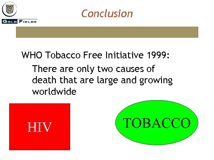 Conclusion WHO Tobacco Free Initiative 1999: There are only two causes of death that