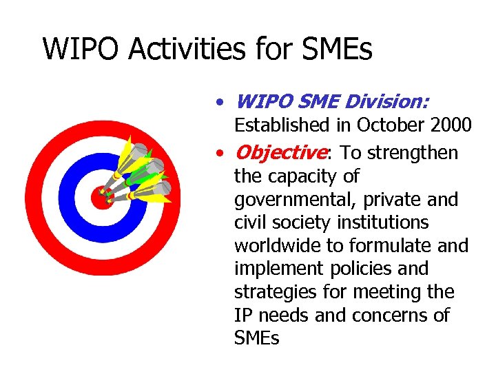 WIPO Activities for SMEs • WIPO SME Division: Established in October 2000 • Objective: