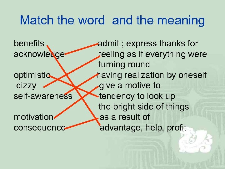 Match the word and the meaning benefits acknowledge optimistic dizzy self-awareness motivation consequence admit