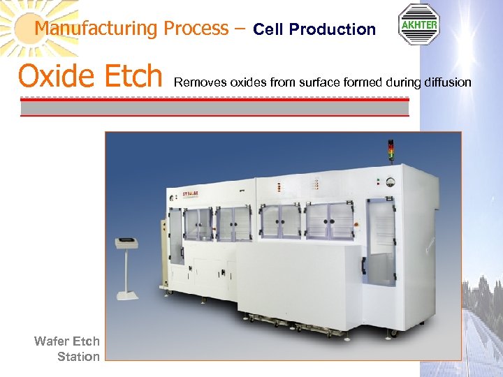 Manufacturing Process – Cell Production Oxide Etch Wafer Etch Station Removes oxides from surface