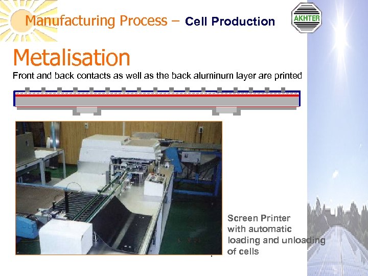 Manufacturing Process – Cell Production Metalisation Front and back contacts as well as the