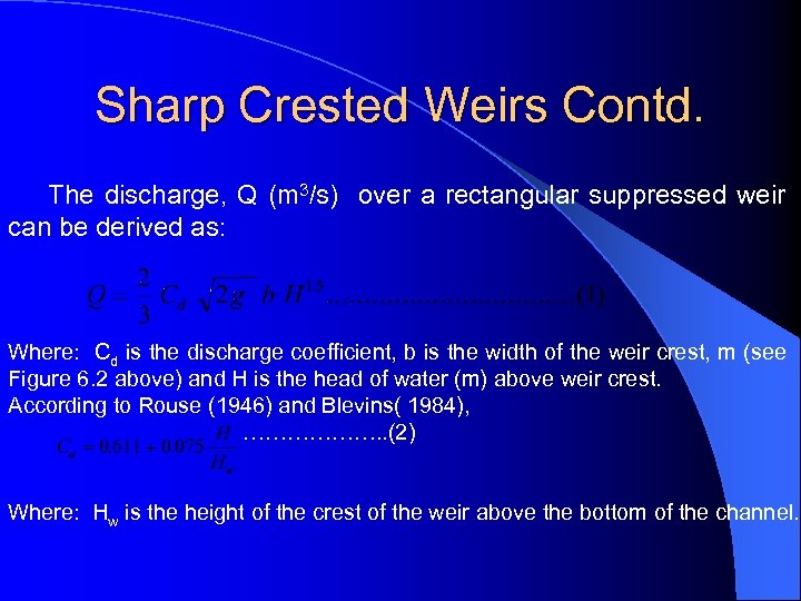 Sharp Crested Weirs Contd. The discharge, Q (m 3/s) over a rectangular suppressed weir