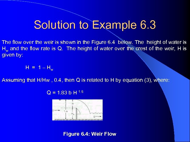 Solution to Example 6. 3 The flow over the weir is shown in the