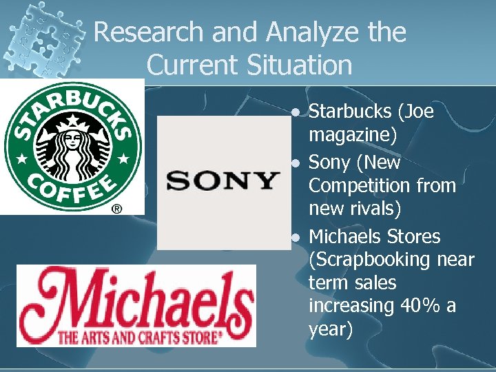 Research and Analyze the Current Situation l l l Starbucks (Joe magazine) Sony (New