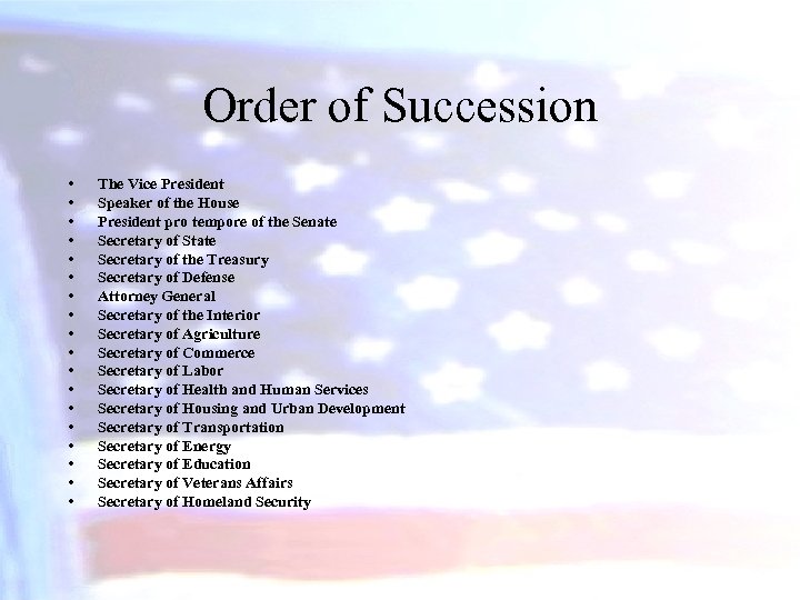 Order of Succession • • • • • The Vice President Speaker of the
