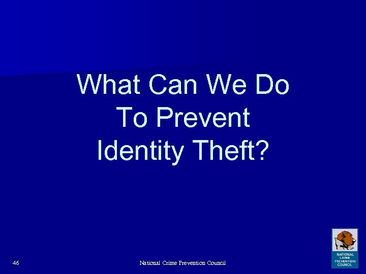 What Can We Do To Prevent Identity Theft? 46 National Crime Prevention Council 