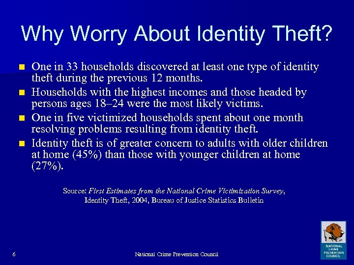 Why Worry About Identity Theft? One in 33 households discovered at least one type
