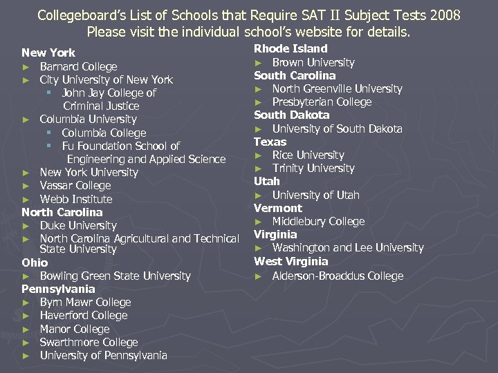 Collegeboard’s List of Schools that Require SAT II Subject Tests 2008 Please visit the