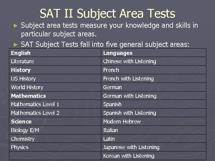 SAT II Subject Area Tests Subject area tests measure your knowledge and skills in