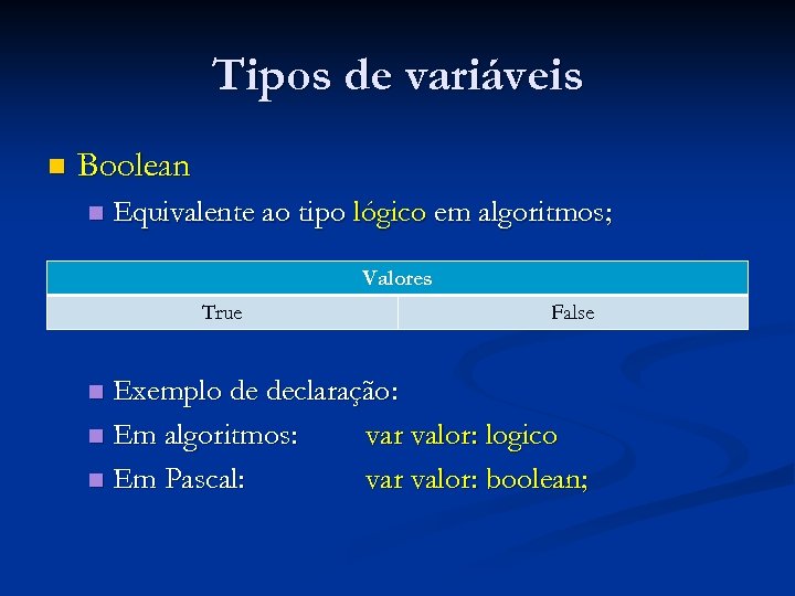 Tipos de variáveis n Boolean n Equivalente ao tipo lógico em algoritmos; Valores True