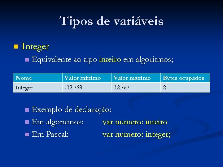 Tipos de variáveis n Integer n Equivalente ao tipo inteiro em algoritmos; Nome Valor