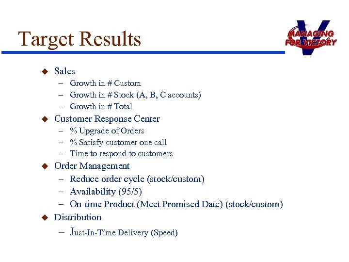 Target Results u Sales – Growth in # Custom – Growth in # Stock
