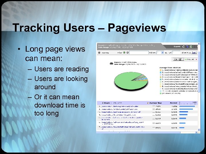Tracking Users – Pageviews • Long page views can mean: – Users are reading