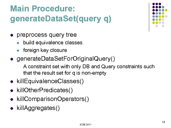 Main Procedure: generate. Data. Set(query q) l preprocess query tree l l l build