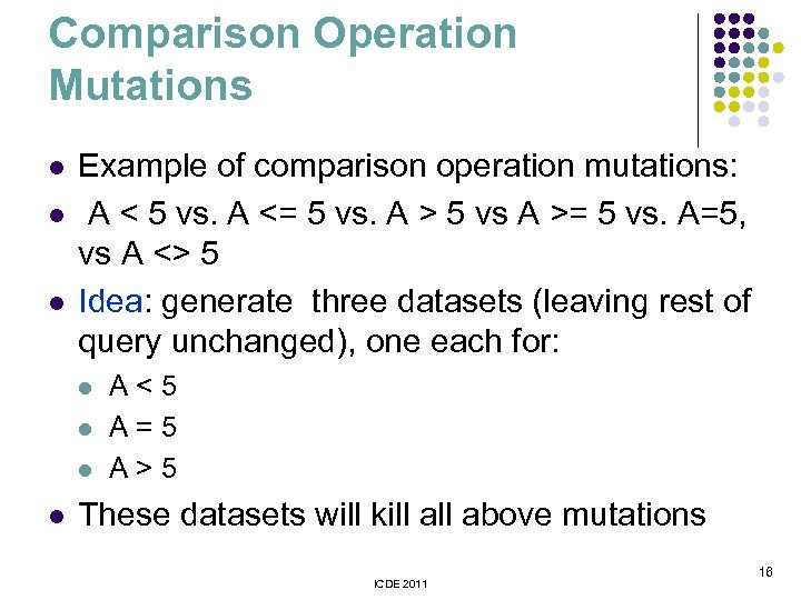 Comparison Operation Mutations l l l Example of comparison operation mutations: A < 5