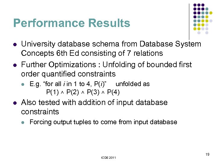 Performance Results l l University database schema from Database System Concepts 6 th Ed