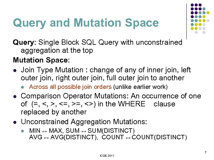 Query and Mutation Space Query: Single Block SQL Query with unconstrained aggregation at the