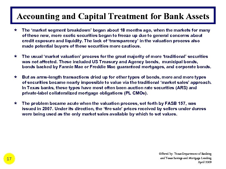 Accounting and Capital Treatment for Bank Assets « The ‘market segment breakdown’ began about