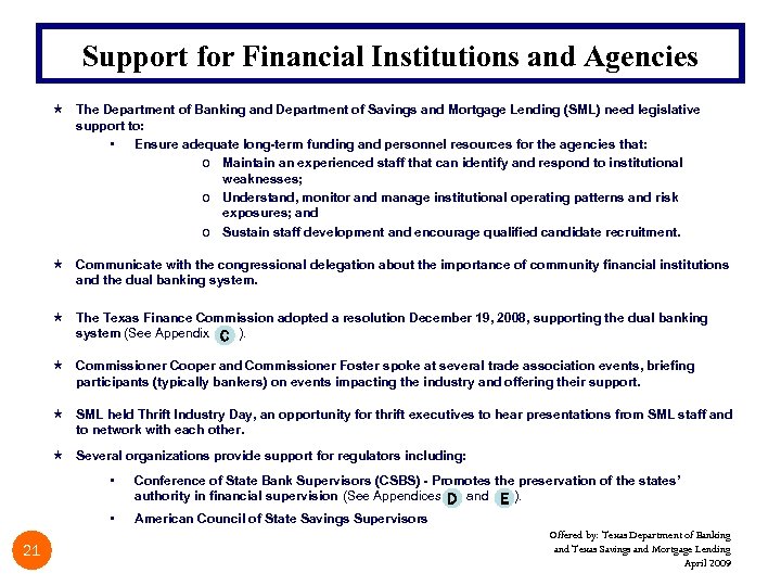 Support for Financial Institutions and Agencies « The Department of Banking and Department of