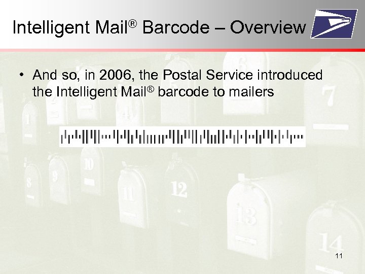 Intelligent Mail® Barcode – Overview • And so, in 2006, the Postal Service introduced